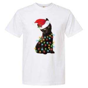 Santa Black Cat Tangled Up In Christmas Tree Lights Holiday Gift Garment-Dyed Heavyweight T-Shirt