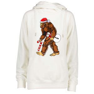 Santa Bigfoot Christmas Sasquatch With Snowman Candy Cane Womens Funnel Neck Pullover Hood