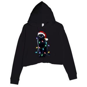 Santa Black Cat Tangled Up In Christmas Tree Lights Holiday Gift Crop Fleece Hoodie