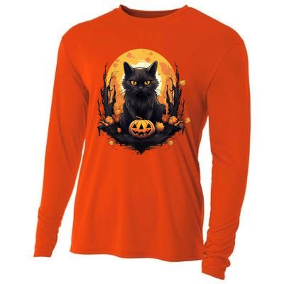 Scary Black Cat Pumpkin Halloween Costume Boy GIrls Kid Cooling Performance Long Sleeve Crew