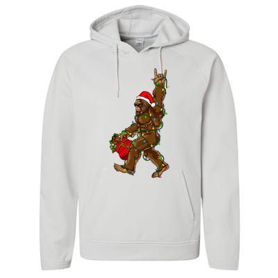 Santa Bigfoot Christmas Lights Rock Funny Sasquatch Believe Performance Fleece Hoodie