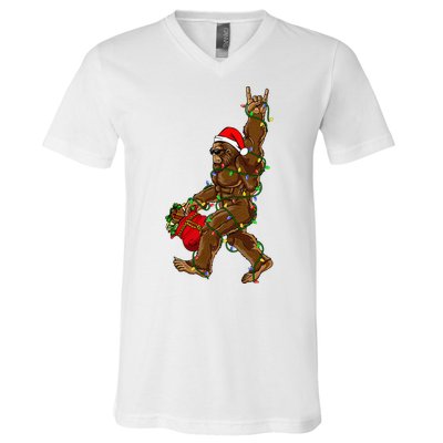 Santa Bigfoot Christmas Lights Rock Funny Sasquatch Believe V-Neck T-Shirt