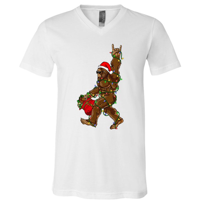 Santa Bigfoot Christmas Lights Rock Funny Sasquatch Believe V-Neck T-Shirt