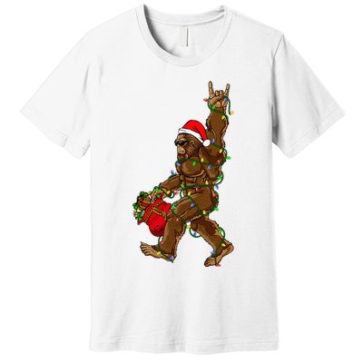 Santa Bigfoot Christmas Lights Rock Funny Sasquatch Believe Premium T-Shirt