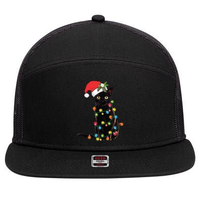 Santa Black Cat Tangled Up In Christmas Tree Lights Holiday Gift 7 Panel Mesh Trucker Snapback Hat