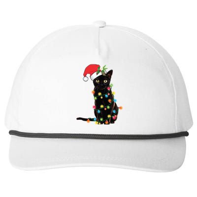 Santa Black Cat Tangled Up In Christmas Tree Lights Holiday Gift Snapback Five-Panel Rope Hat