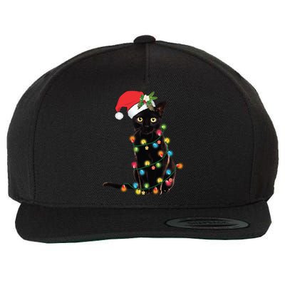 Santa Black Cat Tangled Up In Christmas Tree Lights Holiday Gift Wool Snapback Cap