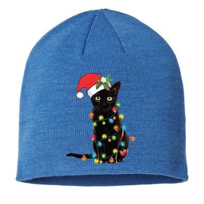 Santa Black Cat Tangled Up In Christmas Tree Lights Holiday Gift Sustainable Beanie