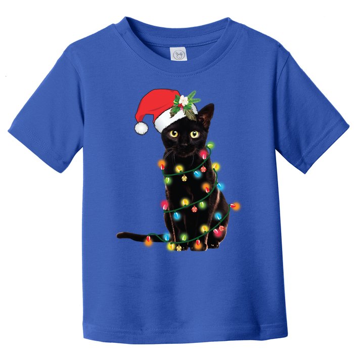 Santa Black Cat Tangled Up In Christmas Tree Lights Holiday Gift Toddler T-Shirt