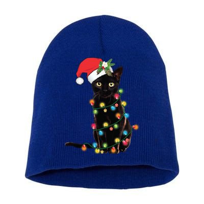 Santa Black Cat Tangled Up In Christmas Tree Lights Holiday Gift Short Acrylic Beanie