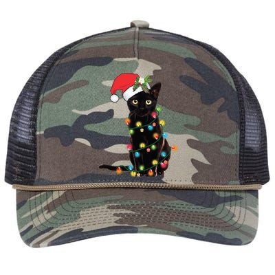 Santa Black Cat Tangled Up In Christmas Tree Lights Holiday Gift Retro Rope Trucker Hat Cap