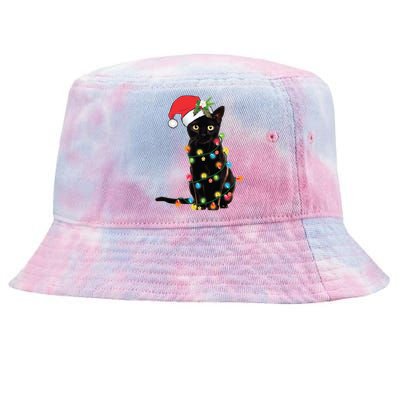 Santa Black Cat Tangled Up In Christmas Tree Lights Holiday Gift Tie-Dyed Bucket Hat