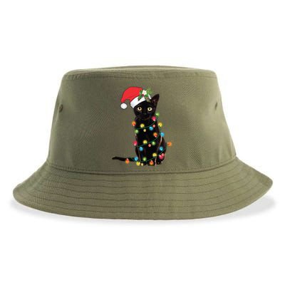 Santa Black Cat Tangled Up In Christmas Tree Lights Holiday Gift Sustainable Bucket Hat