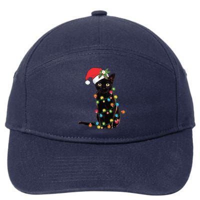 Santa Black Cat Tangled Up In Christmas Tree Lights Holiday Gift 7-Panel Snapback Hat