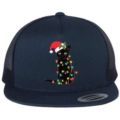 Santa Black Cat Tangled Up In Christmas Tree Lights Holiday Gift Flat Bill Trucker Hat