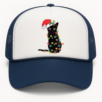 Santa Black Cat Tangled Up In Christmas Tree Lights Holiday Gift Trucker Hat