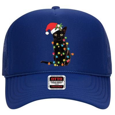 Santa Black Cat Tangled Up In Christmas Tree Lights Holiday Gift High Crown Mesh Back Trucker Hat