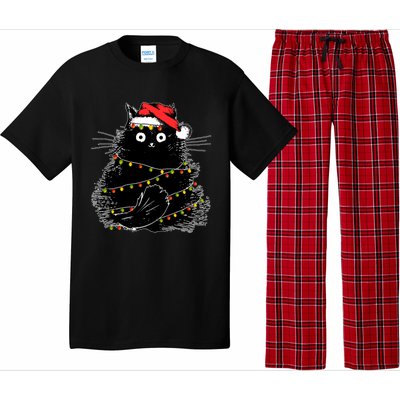 Santa Black Cat Tangled Up In Christmas Tree Lights Holiday Gift Pajama Set