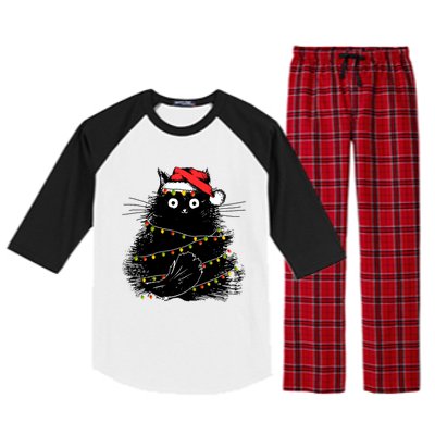 Santa Black Cat Tangled Up In Christmas Tree Lights Holiday Gift Raglan Sleeve Pajama Set