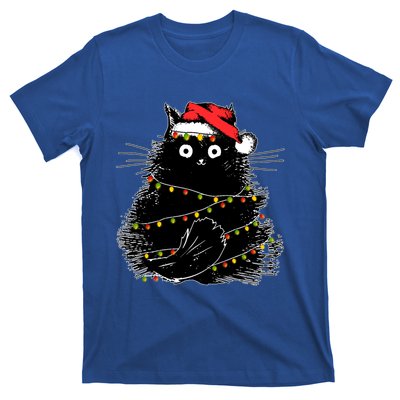 Santa Black Cat Tangled Up In Christmas Tree Lights Holiday Gift T-Shirt