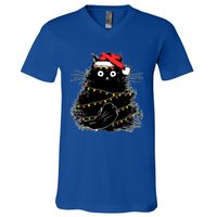 Santa Black Cat Tangled Up In Christmas Tree Lights Holiday Gift V-Neck T-Shirt