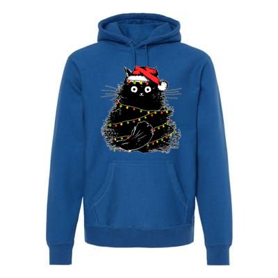 Santa Black Cat Tangled Up In Christmas Tree Lights Holiday Gift Premium Hoodie