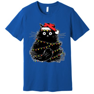 Santa Black Cat Tangled Up In Christmas Tree Lights Holiday Gift Premium T-Shirt