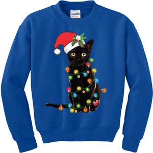 Santa Black Cat Tangled Up In Christmas Tree Lights Holiday Gift Kids Sweatshirt