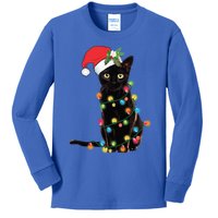 Santa Black Cat Tangled Up In Christmas Tree Lights Holiday Gift Kids Long Sleeve Shirt