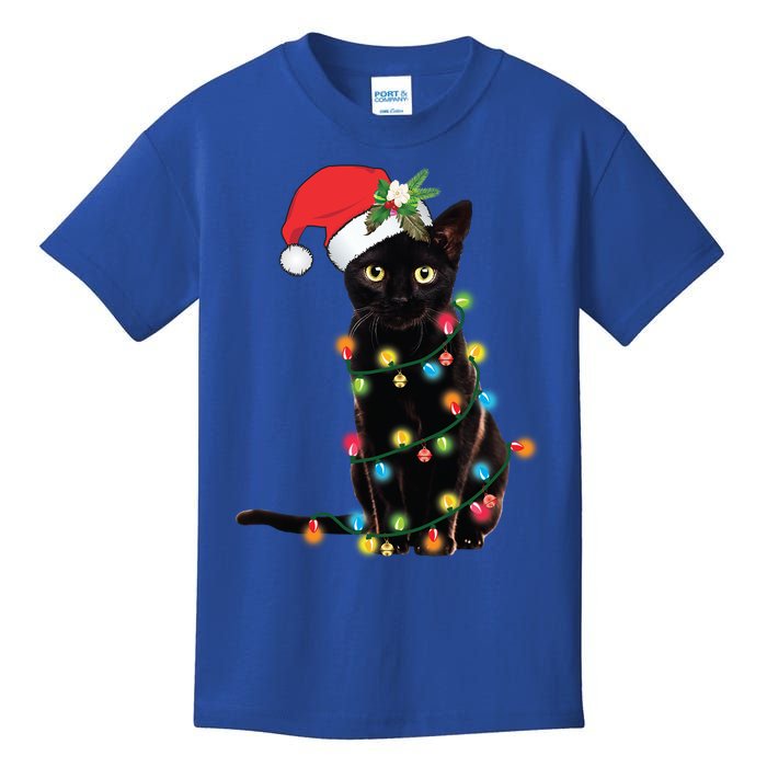 Santa Black Cat Tangled Up In Christmas Tree Lights Holiday Gift Kids T-Shirt