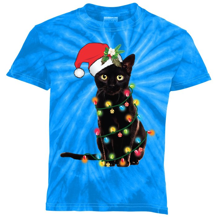 Santa Black Cat Tangled Up In Christmas Tree Lights Holiday Gift Kids Tie-Dye T-Shirt