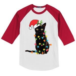 Santa Black Cat Tangled Up In Christmas Tree Lights Holiday Gift Kids Colorblock Raglan Jersey