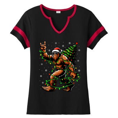 Santa Bigfoot Christmas Tree Xmas Lights Funny Sasquatch Ladies Halftime Notch Neck Tee