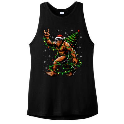 Santa Bigfoot Christmas Tree Xmas Lights Funny Sasquatch Ladies PosiCharge Tri-Blend Wicking Tank