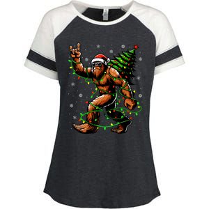 Santa Bigfoot Christmas Tree Xmas Lights Funny Sasquatch Enza Ladies Jersey Colorblock Tee