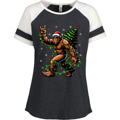 Santa Bigfoot Christmas Tree Xmas Lights Funny Sasquatch Enza Ladies Jersey Colorblock Tee