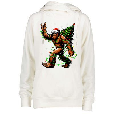 Santa Bigfoot Christmas Tree Xmas Lights Funny Sasquatch Womens Funnel Neck Pullover Hood