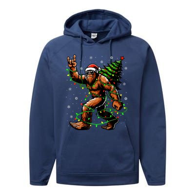 Santa Bigfoot Christmas Tree Xmas Lights Funny Sasquatch Performance Fleece Hoodie