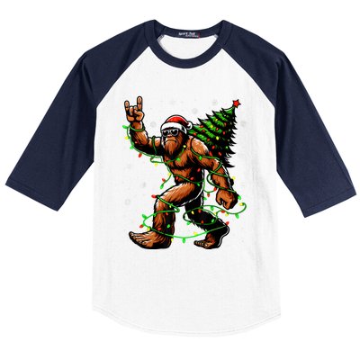 Santa Bigfoot Christmas Tree Xmas Lights Funny Sasquatch Baseball Sleeve Shirt