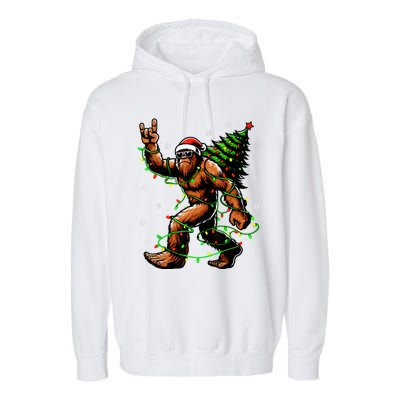 Santa Bigfoot Christmas Tree Xmas Lights Funny Sasquatch Garment-Dyed Fleece Hoodie