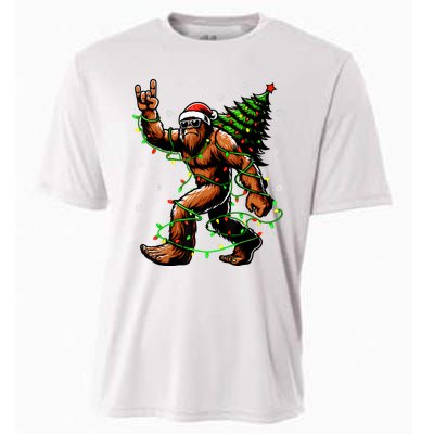 Santa Bigfoot Christmas Tree Xmas Lights Funny Sasquatch Cooling Performance Crew T-Shirt