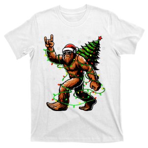 Santa Bigfoot Christmas Tree Xmas Lights Funny Sasquatch T-Shirt