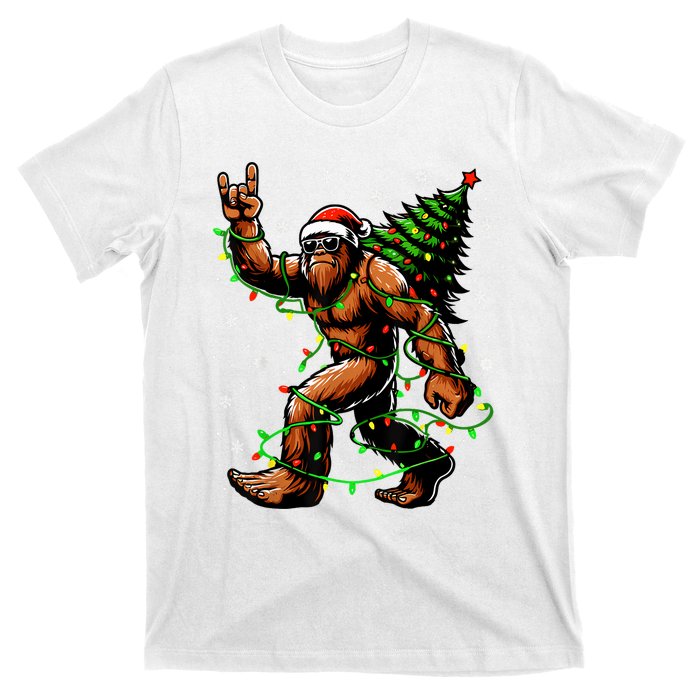 Santa Bigfoot Christmas Tree Xmas Lights Funny Sasquatch T-Shirt