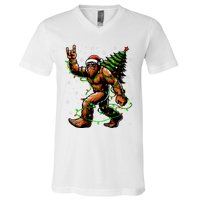 Santa Bigfoot Christmas Tree Xmas Lights Funny Sasquatch V-Neck T-Shirt