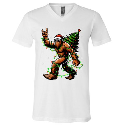 Santa Bigfoot Christmas Tree Xmas Lights Funny Sasquatch V-Neck T-Shirt