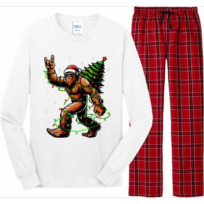 Santa Bigfoot Christmas Tree Xmas Lights Funny Sasquatch Long Sleeve Pajama Set