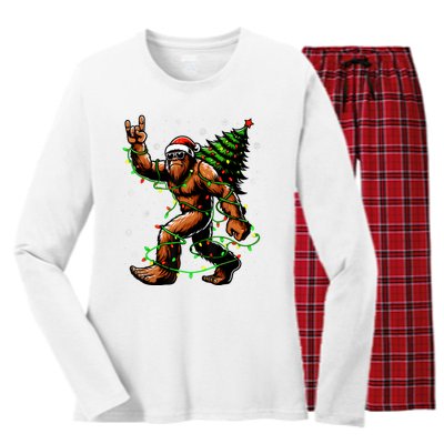 Santa Bigfoot Christmas Tree Xmas Lights Funny Sasquatch Women's Long Sleeve Flannel Pajama Set 