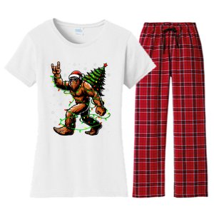 Santa Bigfoot Christmas Tree Xmas Lights Funny Sasquatch Women's Flannel Pajama Set