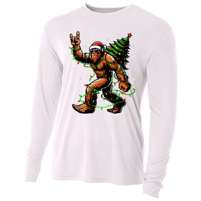 Santa Bigfoot Christmas Tree Xmas Lights Funny Sasquatch Cooling Performance Long Sleeve Crew