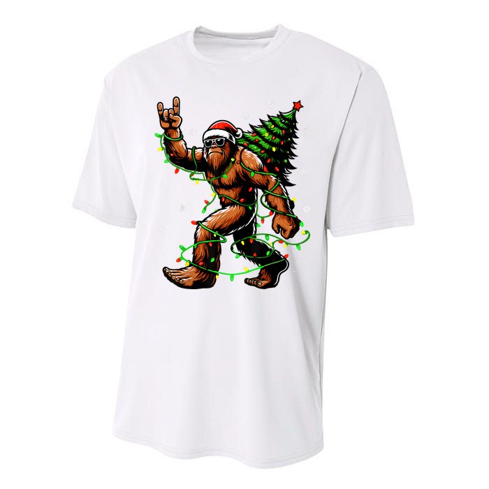 Santa Bigfoot Christmas Tree Xmas Lights Funny Sasquatch Performance Sprint T-Shirt